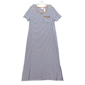 Chico's Striped Maxi Dress Blue White Tan Studded Detail Sz 2 L Coastal Nautical